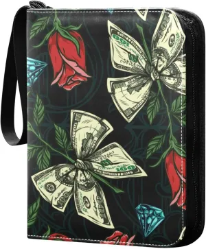 Money-colorful-vintage-pattern Game Sports Cards Card Binders 4 Pocket - Hold 400 Game Cards, Waterproof Wear-resistant Trading Card Albums Collection Book Holder for Boys Girls