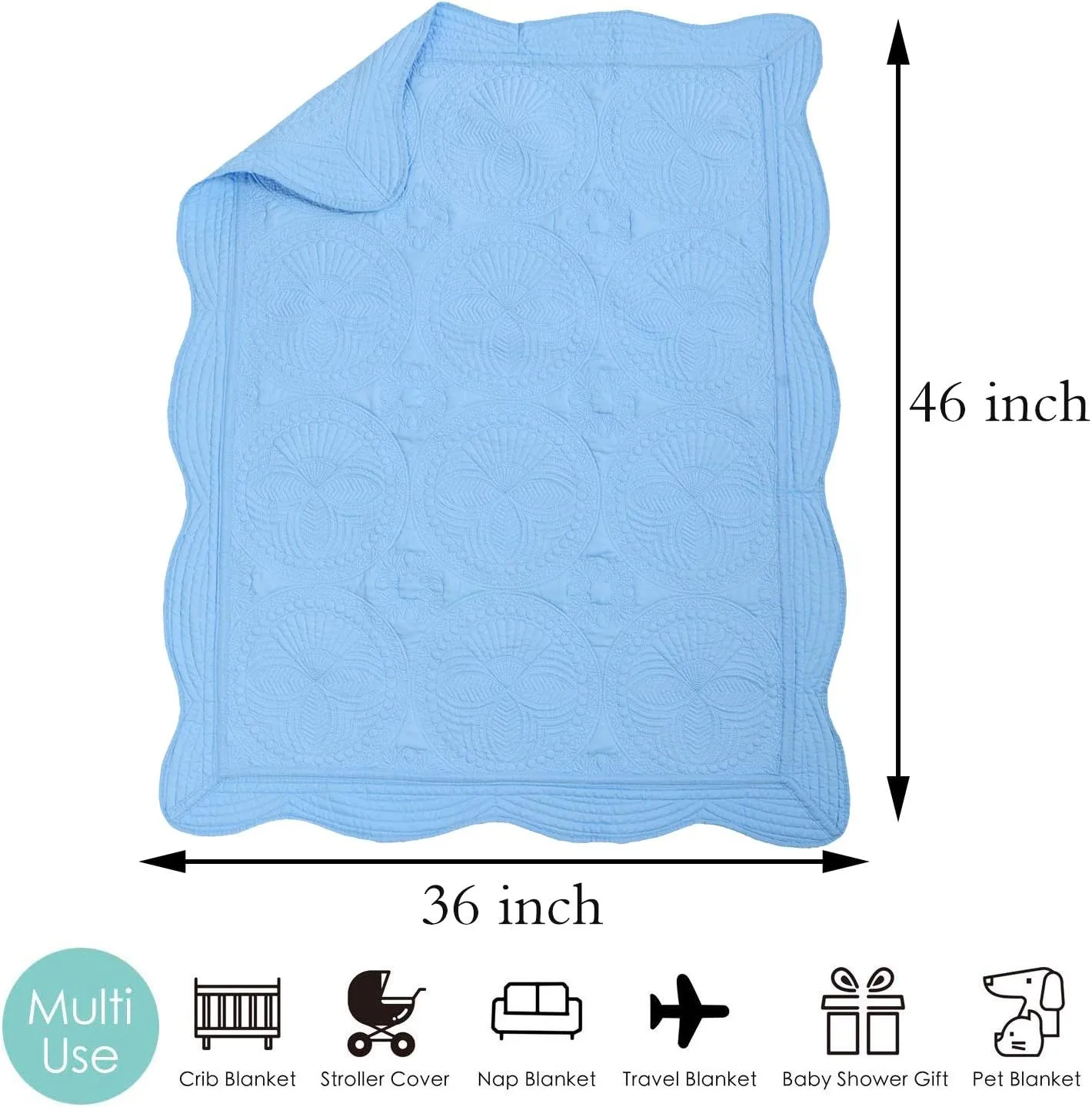MONOBLANKS Baby Quilt Personlized Monogram Lightweight Embossed Scalloped Throw Blanket Four Seasons (Blue)