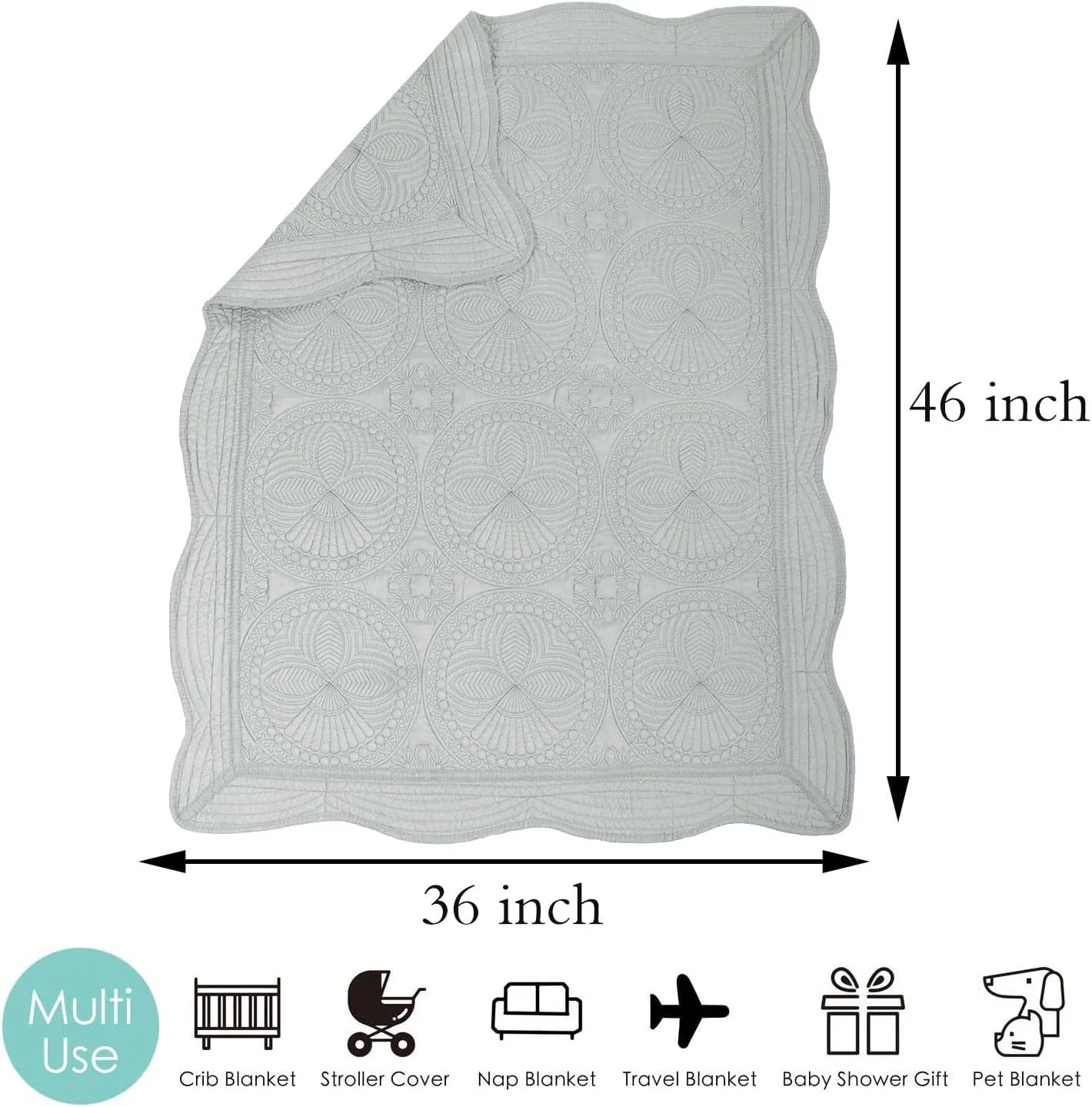 MONOBLANKS Baby Quilt Personlized Monogram Lightweight Embossed Scalloped Throw Blanket Four Seasons (Gray)
