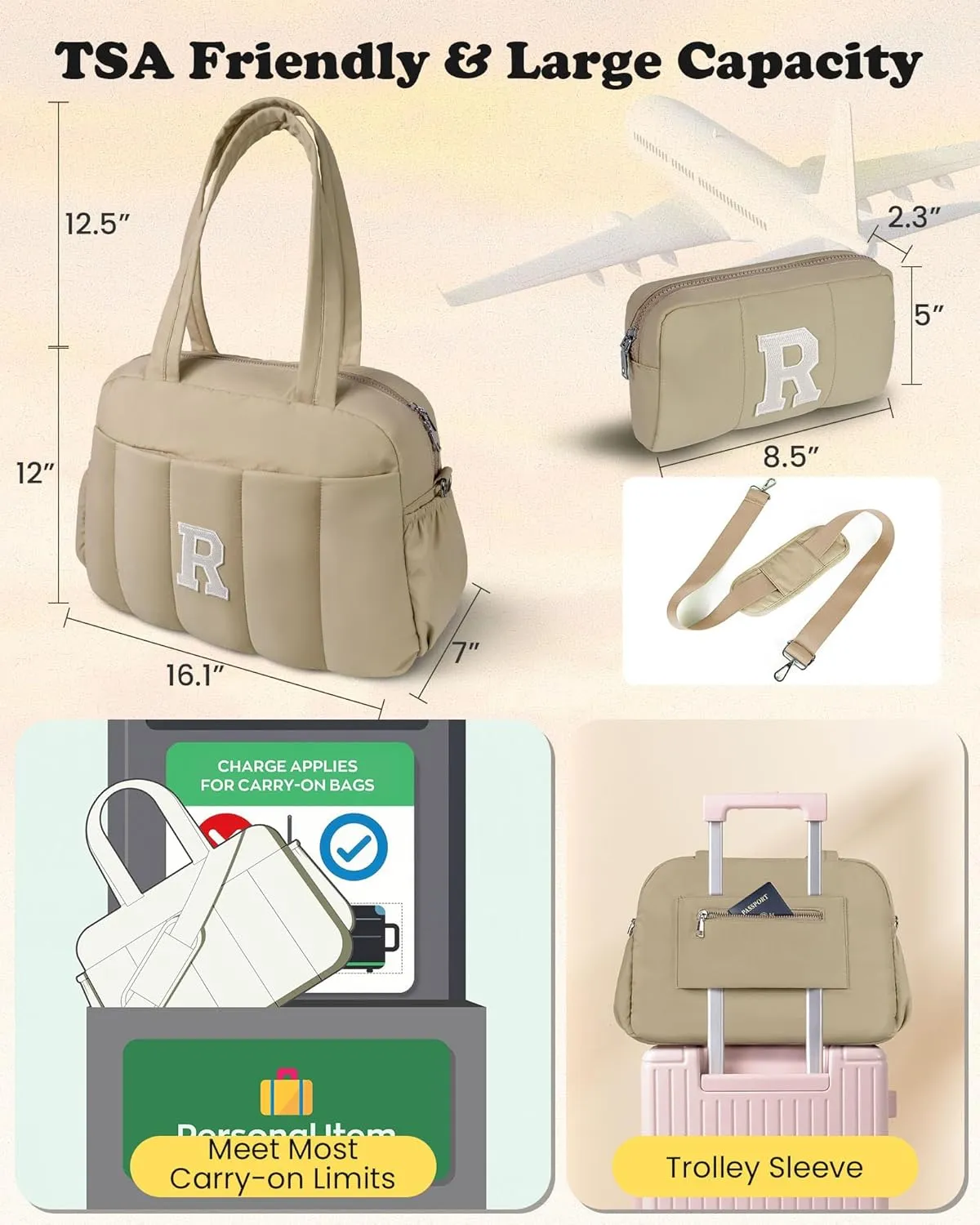 Monogram Gifts for Women, Initial Duffel Bag, Personalized Lightweight Weekender Bag, Monogram Overnight Bag for Women, Travel Bag with Makeup Bag, Cooworker Gift Graduation Gifts (Letter O)