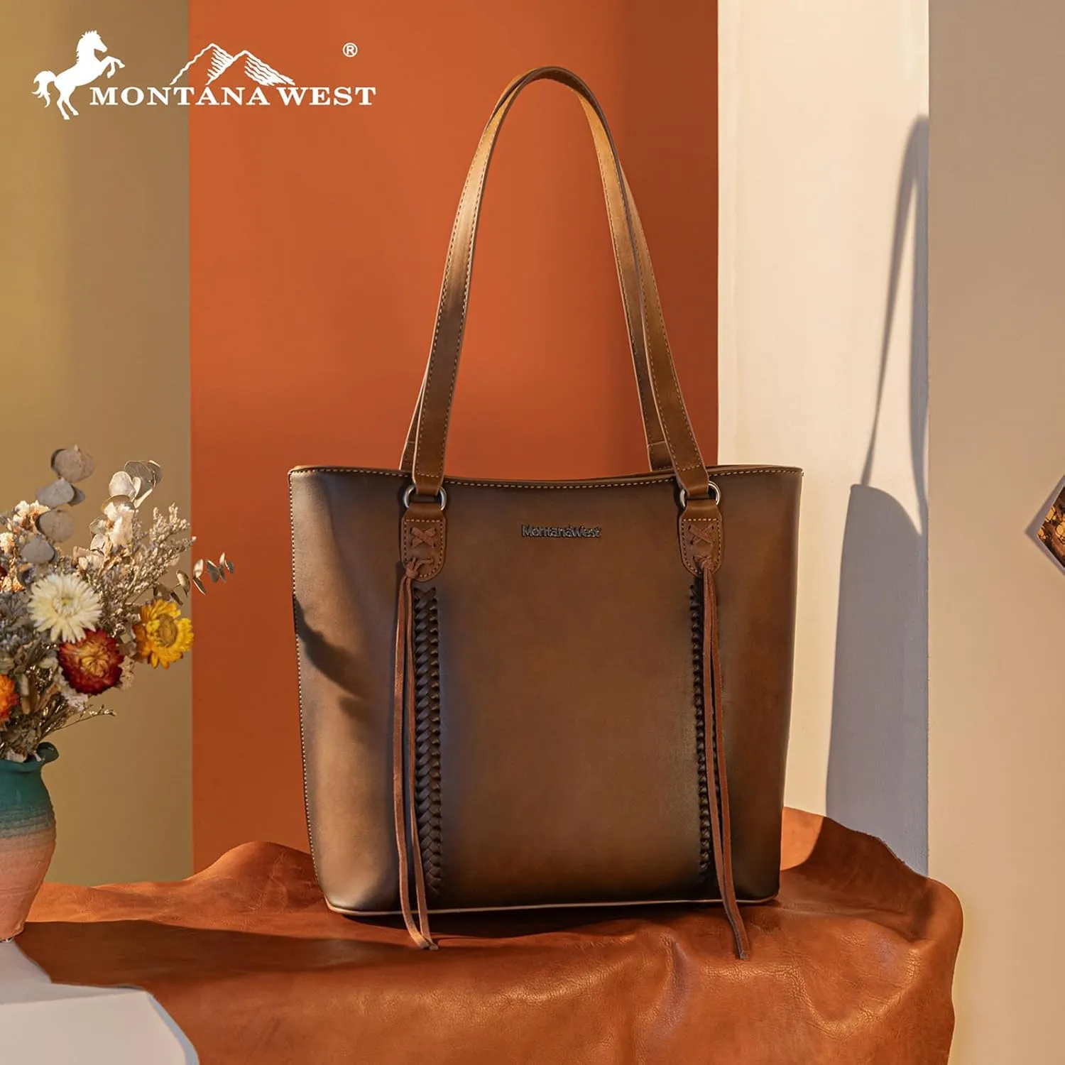 Montana West Western Two-Tone Large Tote Bag for Women Vintage Top Handle Ladies Shoulder Bags