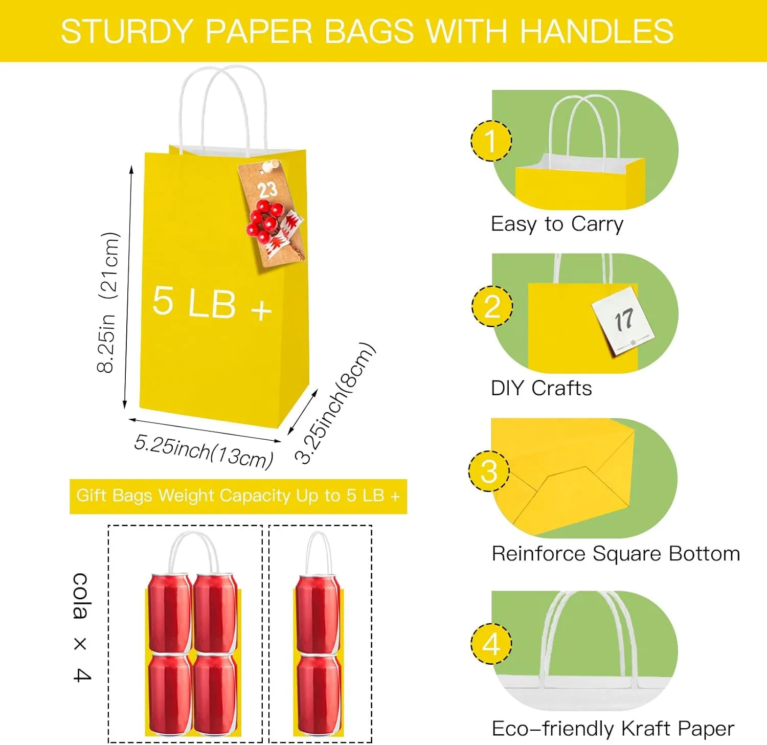 MOORAY 100 Pack Yellow Small Paper Bags with Handles Bulk, Gift Paper Bags,5.25 * 3.25 * 8.25 Inch Kraft Birthday Party Favors Grocery Retail Shopping Craft Bags Takeouts Business (100pcs,Yellow)
