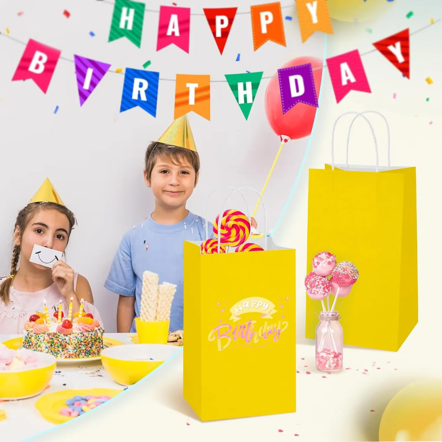 MOORAY 100 Pack Yellow Small Paper Bags with Handles Bulk, Gift Paper Bags,5.25 * 3.25 * 8.25 Inch Kraft Birthday Party Favors Grocery Retail Shopping Craft Bags Takeouts Business (100pcs,Yellow)
