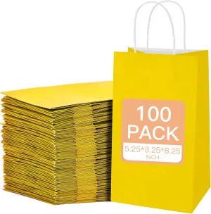 MOORAY 100 Pack Yellow Small Paper Bags with Handles Bulk, Gift Paper Bags,5.25 * 3.25 * 8.25 Inch Kraft Birthday Party Favors Grocery Retail Shopping Craft Bags Takeouts Business (100pcs,Yellow)