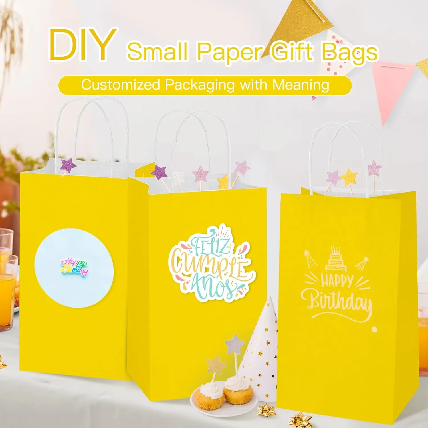 MOORAY 100 Pack Yellow Small Paper Bags with Handles Bulk, Gift Paper Bags,5.25 * 3.25 * 8.25 Inch Kraft Birthday Party Favors Grocery Retail Shopping Craft Bags Takeouts Business (100pcs,Yellow)