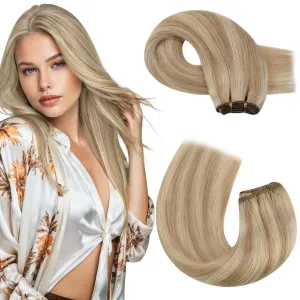 Moresoo Clip in Hair Extensions 7 Pieces 120G and Sew in Hair Extensions Human Hair 100G Bundle 22Inch Dark Ash Blonde Highlighted with Golden Blonde