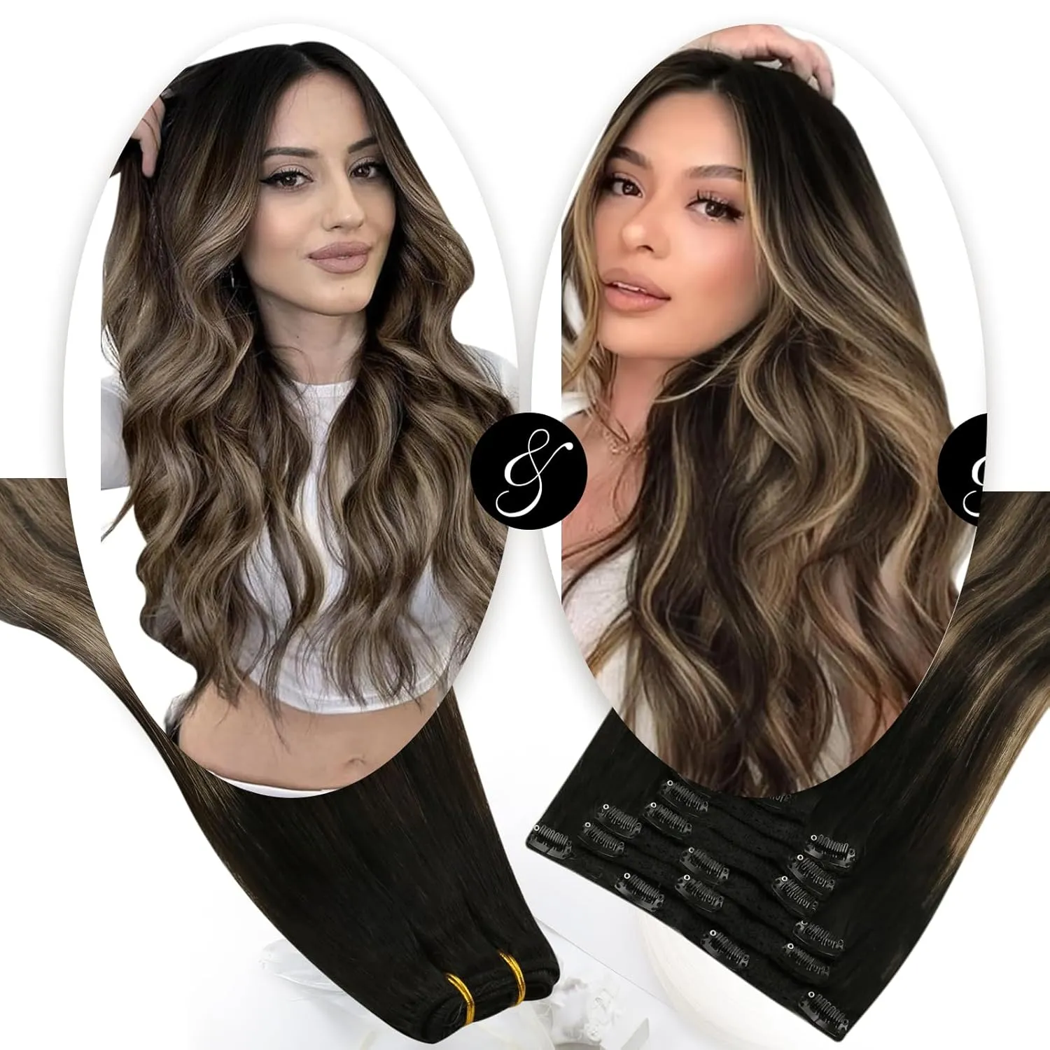 Moresoo Clip in Hair Extensions Balayage Black to Dark Brown with Caramel Blonde 7 Pieces 120G 22inch and Sew in Hair Extensions Real Human Hair 100G 24Inch Bundle