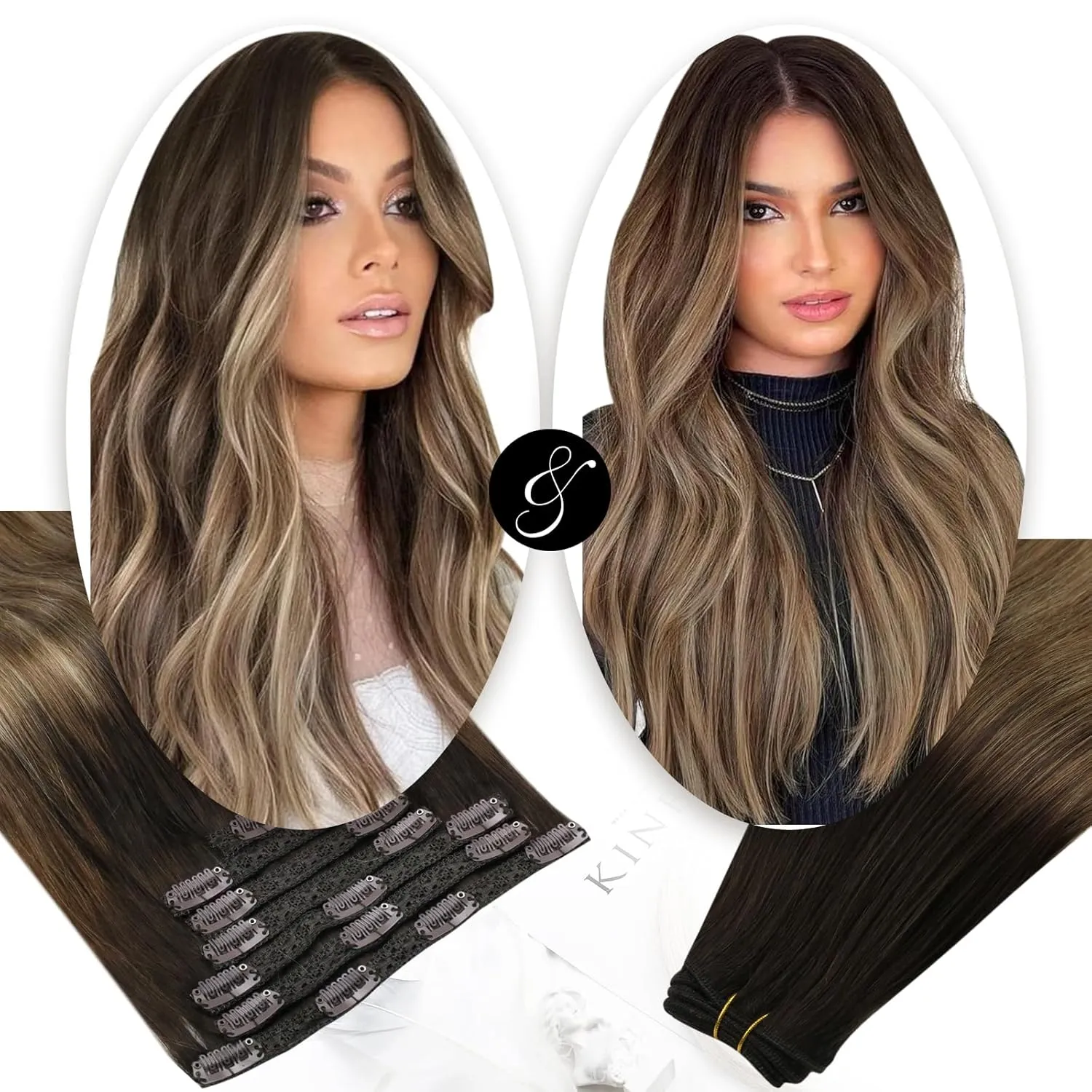 Moresoo Clip in Hair Extensions Balayage Brown 7 Pieces 120G 22inch and Sew in Hair Extensions Real Human Hair 100G 24Inch Bundle