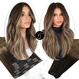 Moresoo Clip in Hair Extensions Balayage Brown 7 Pieces 120G 22inch and Sew in Hair Extensions Real Human Hair 100G 24Inch Bundle