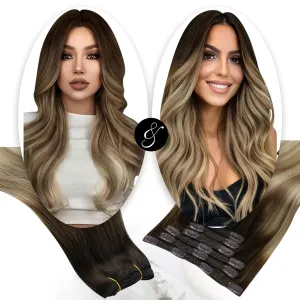 Moresoo Clip in Hair Extensions Balayage Brown to Blonde 7 Pieces 120G 18inch and Sew in Hair Extensions Real Human Hair 100G 20Inch Bundle
