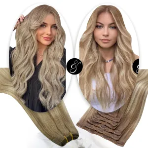 Moresoo Clip in Hair Extensions Balayage Light Brown with Golden Blonde 7 Pieces 120G 16inch and Sew in Hair Extensions Real Human Hair Ombre Blonde 100G 18Inch Bundle