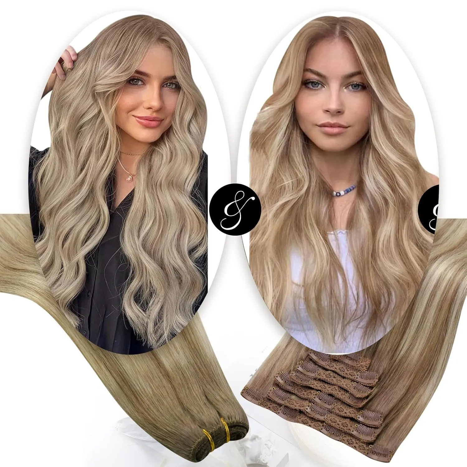 Moresoo Clip in Hair Extensions Balayage Light Brown with Golden Blonde 7 Pieces 120G 16inch and Sew in Hair Extensions Real Human Hair Ombre Blonde 100G 18Inch Bundle