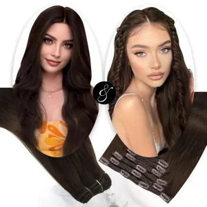 Moresoo Clip in Hair Extensions Brown 7 Pieces 120G and Sew in Hair Extensions Real Human Hair 100G Bundle 14Inch