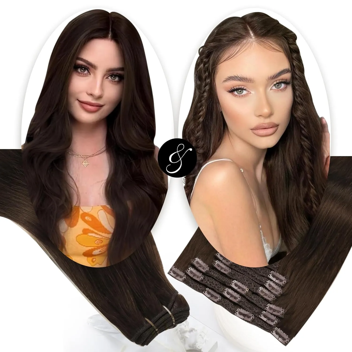 Moresoo Clip in Hair Extensions Brown 7 Pieces 120G and Sew in Hair Extensions Real Human Hair 100G Bundle 14Inch