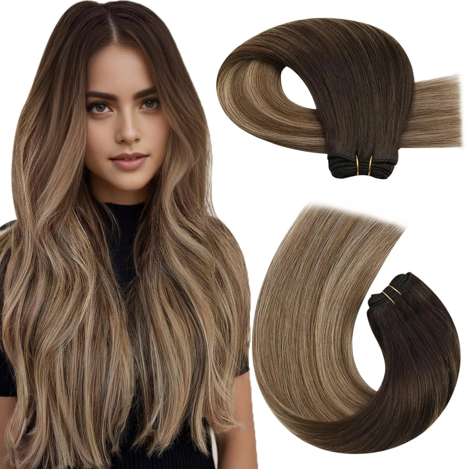 Moresoo Clip in Hair Extensions Human Hair 7 Pieces 120G and Weft Hair Extensions 100G Bundle 24Inch Balayage Dark Brown to Dark Ash Blonde with Golden Blonde
