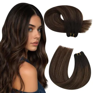 Moresoo Clip in Hair Extensions Human Hair 7 Pieces 120G and Weft Hair Extensions Human Hair 100G Bundle 22Inch Balayage Darkest Brown with Chesnut Brown