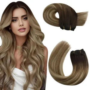 Moresoo Clip in Hair Extensions Real Human Hair 7 Pieces 120G and Sew in Hair Extensions Human Hair 100G Bundle 24Inch Balayage Brown to Caramel Blonde with Blonde