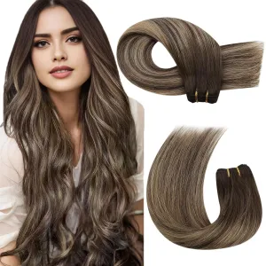 Moresoo Clip in Hair Extensions Real Human Hair 7 Pieces 120G and Sew in Human Hair Extensions 100G Bundle 18Inch Ombre Dark Brown to Caramel Blonde