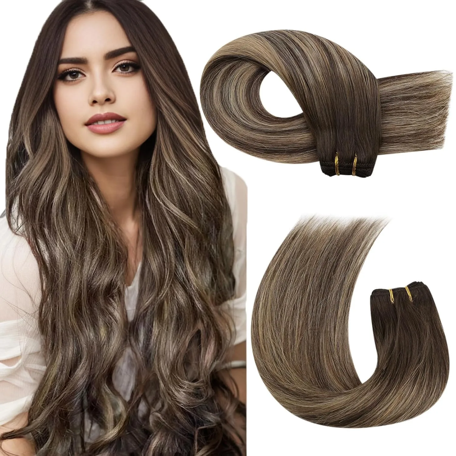 Moresoo Clip in Hair Extensions Real Human Hair 7 Pieces 120G and Sew in Human Hair Extensions 100G Bundle 18Inch Ombre Dark Brown to Caramel Blonde