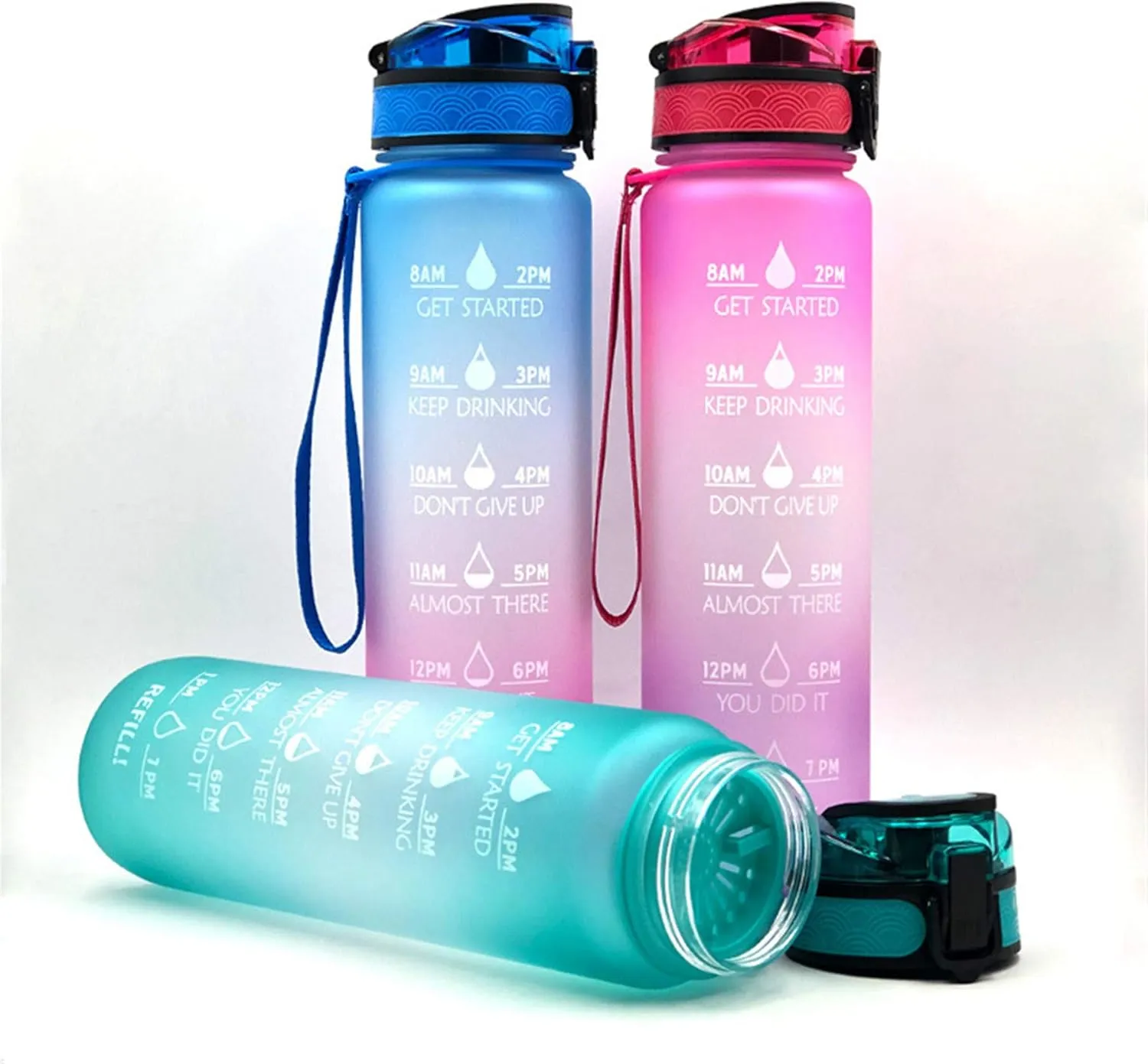 Motivational Water Jug Large Water Bottle Tritan 32oz BPA Free with Time Marker Reminder for Camping Fitness Gym Workouts Outdoor Sports, Pink/Purple