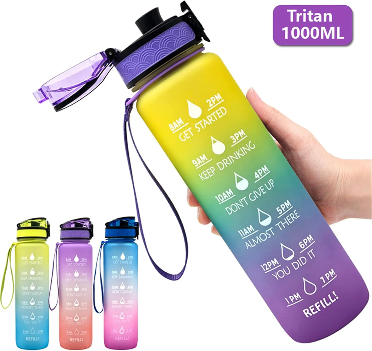 Motivational Water Jug Large Water Bottle Tritan 32oz BPA Free with Time Marker Reminder for Camping Fitness Gym Workouts Outdoor Sports, Pink/Purple