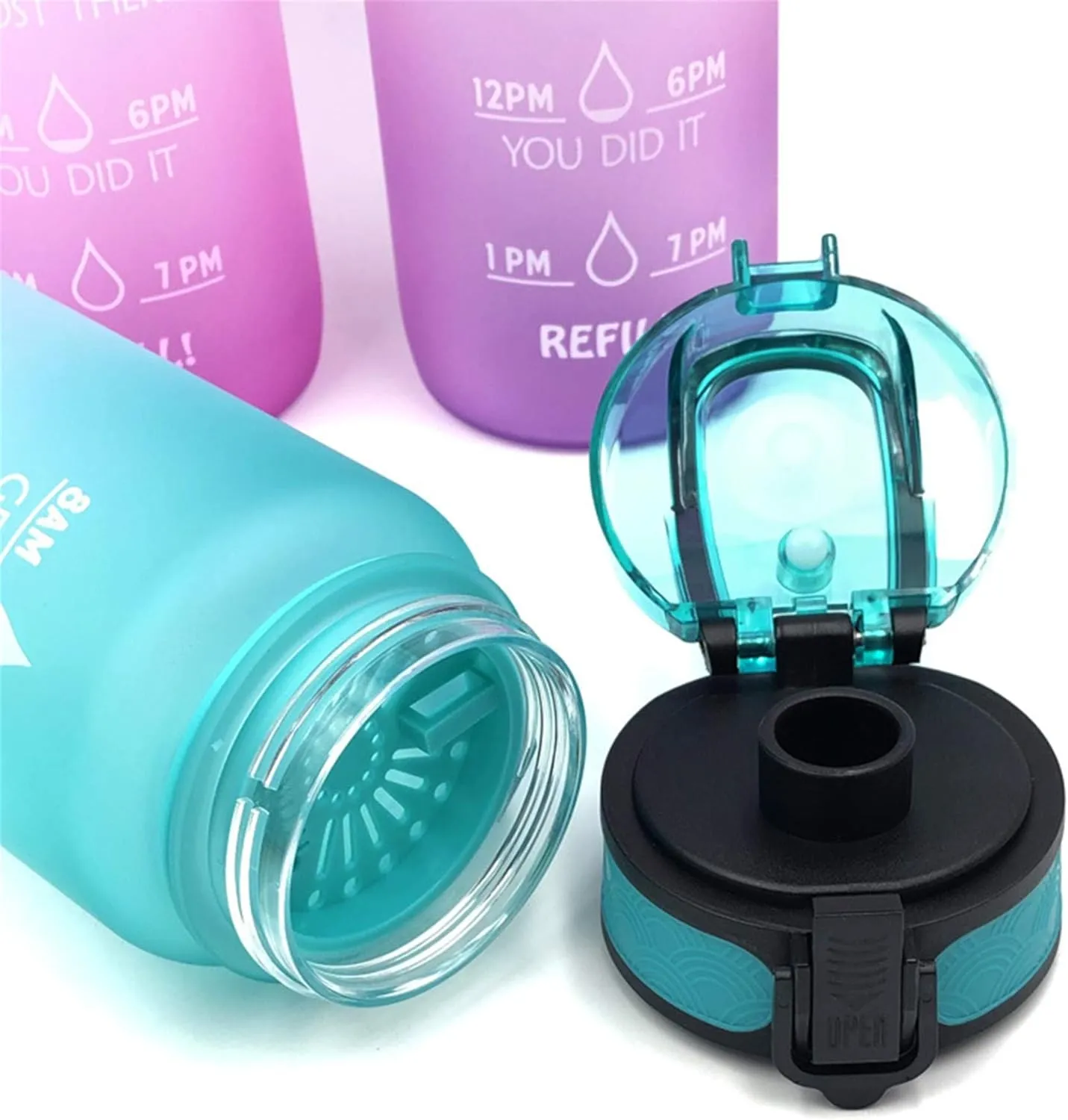 Motivational Water Jug Large Water Bottle Tritan 32oz BPA Free with Time Marker Reminder for Camping Fitness Gym Workouts Outdoor Sports, Pink/Purple