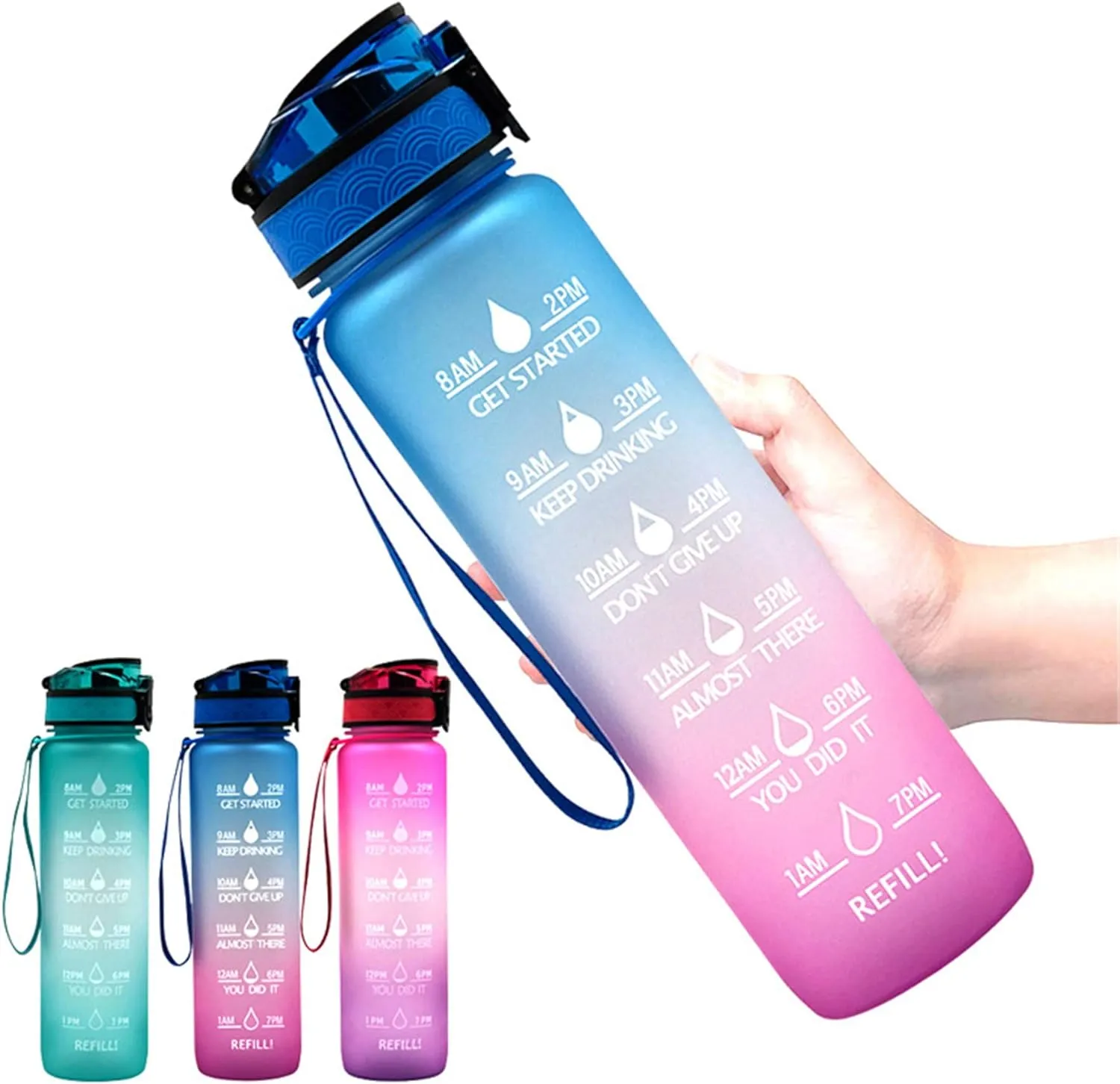 Motivational Water Jug Large Water Bottle Tritan 32oz BPA Free with Time Marker Reminder for Camping Fitness Gym Workouts Outdoor Sports, Pink/Purple
