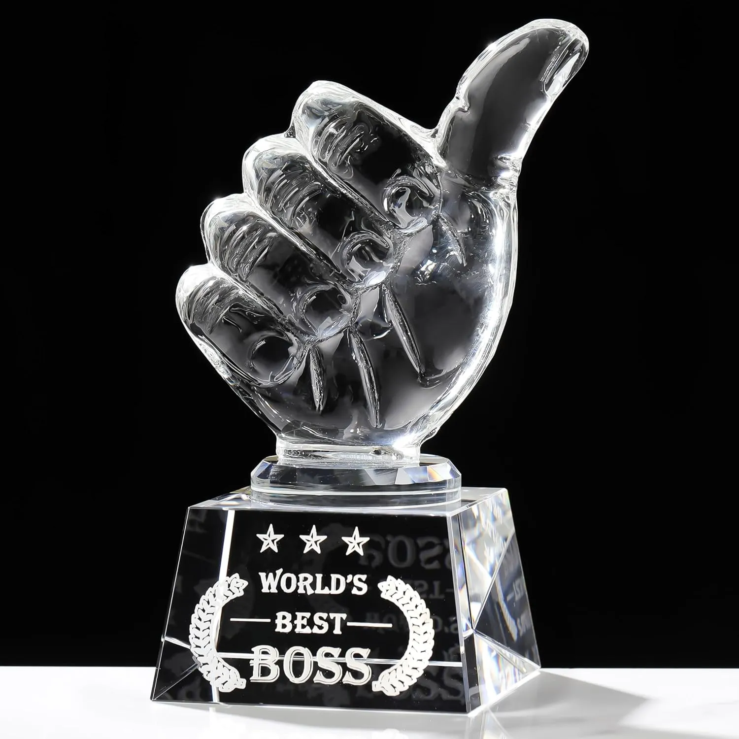 Movdyka World's Best Boss Gifts for Women Men - Crystal Keepsakes Thumbs Up Shape Plaque Great Bosses Day Gift for Office Going Away, Thank You, Farewell & Retirement, Decor