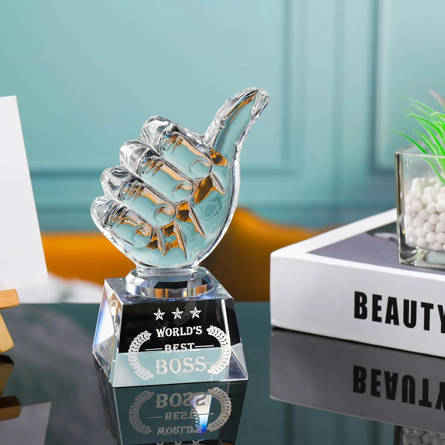 Movdyka World's Best Boss Gifts for Women Men - Crystal Keepsakes Thumbs Up Shape Plaque Great Bosses Day Gift for Office Going Away, Thank You, Farewell & Retirement, Decor