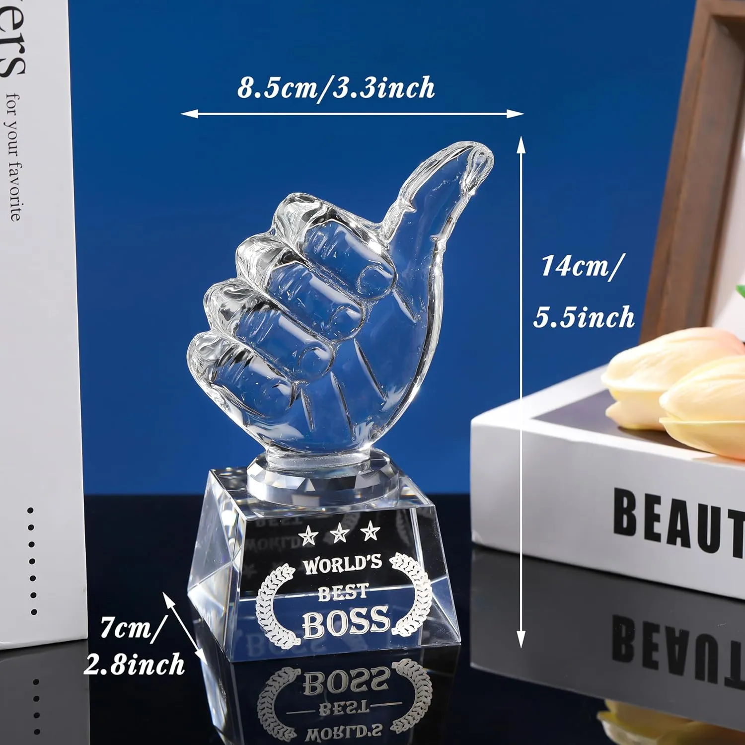 Movdyka World's Best Boss Gifts for Women Men - Crystal Keepsakes Thumbs Up Shape Plaque Great Bosses Day Gift for Office Going Away, Thank You, Farewell & Retirement, Decor