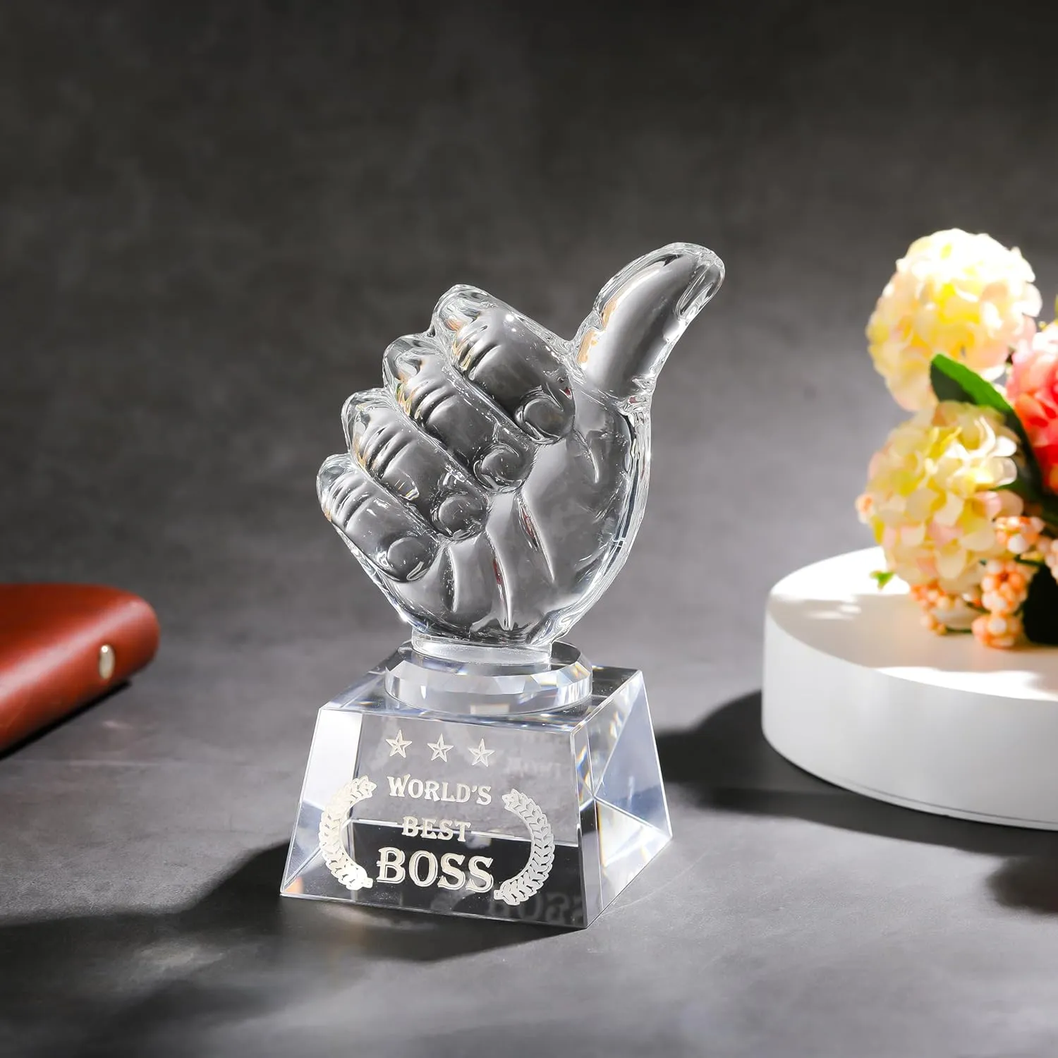 Movdyka World's Best Boss Gifts for Women Men - Crystal Keepsakes Thumbs Up Shape Plaque Great Bosses Day Gift for Office Going Away, Thank You, Farewell & Retirement, Decor