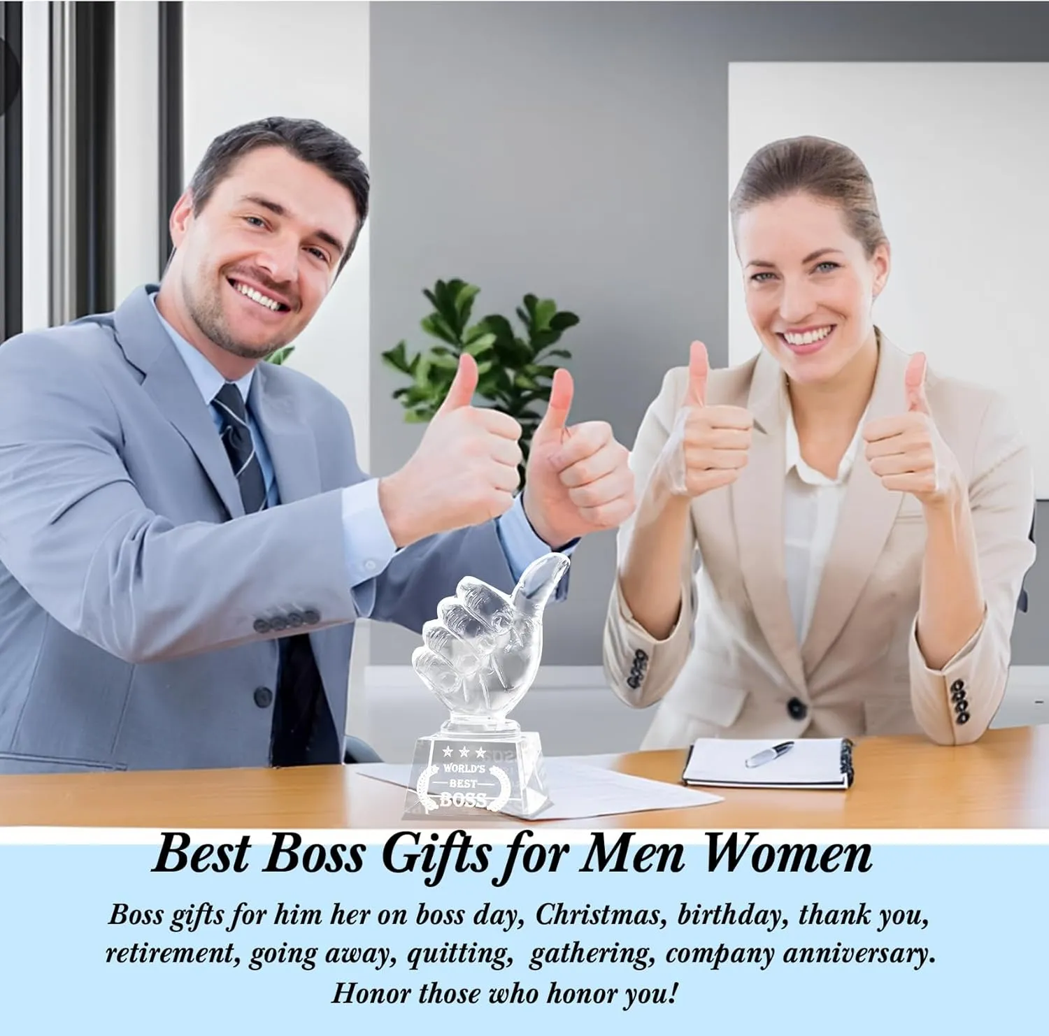 Movdyka World's Best Boss Gifts for Women Men - Crystal Keepsakes Thumbs Up Shape Plaque Great Bosses Day Gift for Office Going Away, Thank You, Farewell & Retirement, Decor