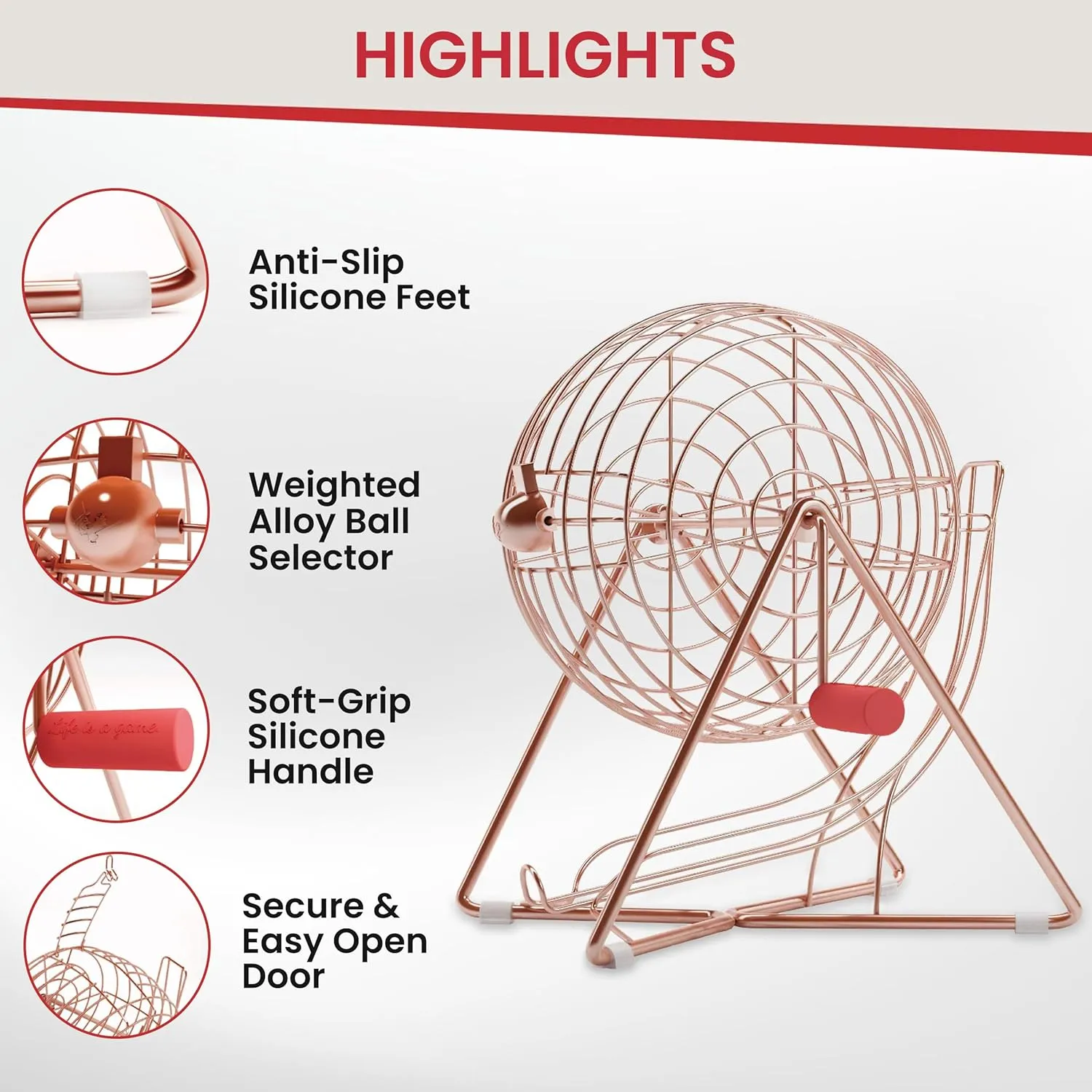 MR CHIPS 11" (Inch) Tall Professional Bingo Set with Steel Cage, Everlasting 7/8” Balls, 18 Cards and 300 Chips - Rose Gold Color