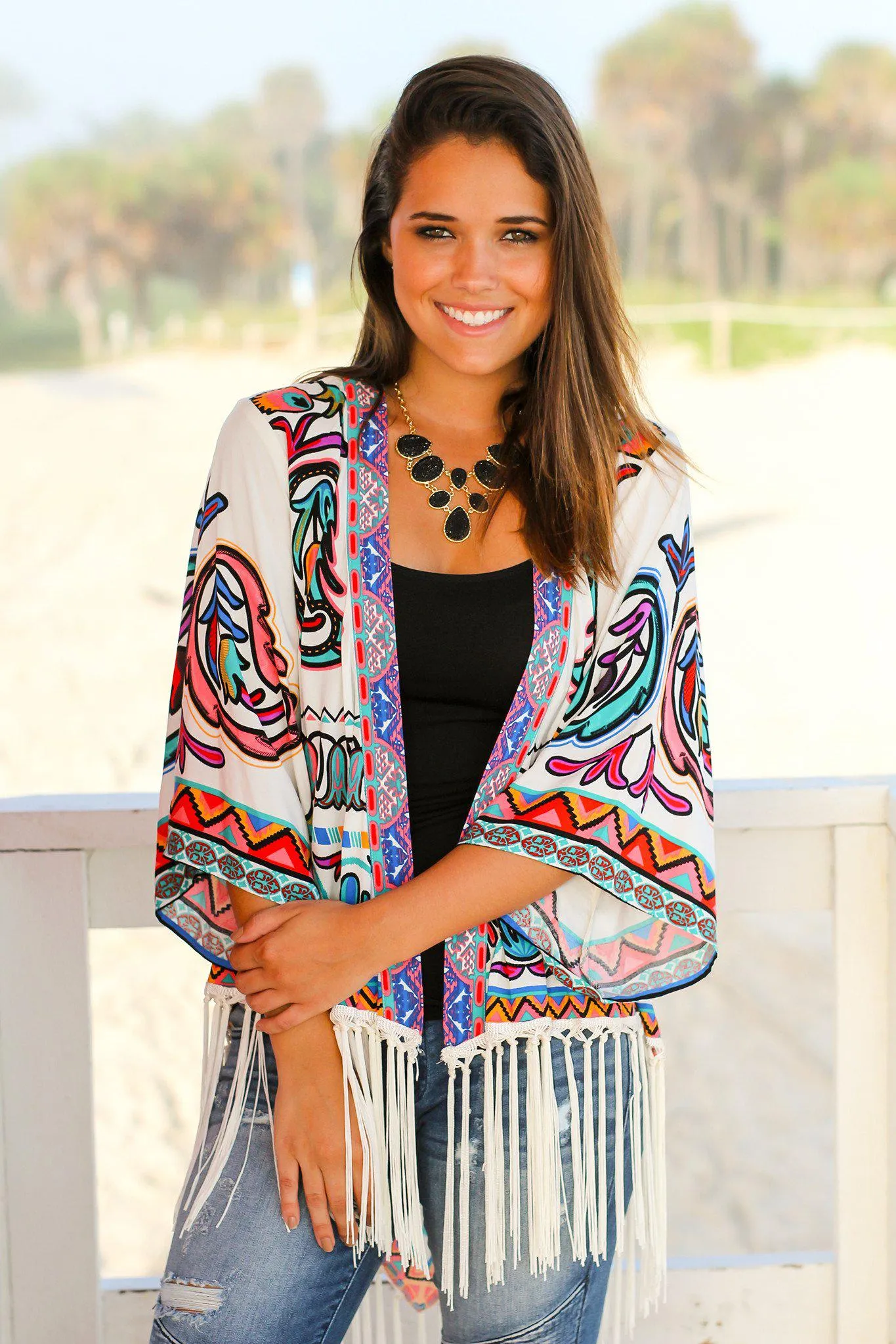 Multi-color Kimono with Fringe