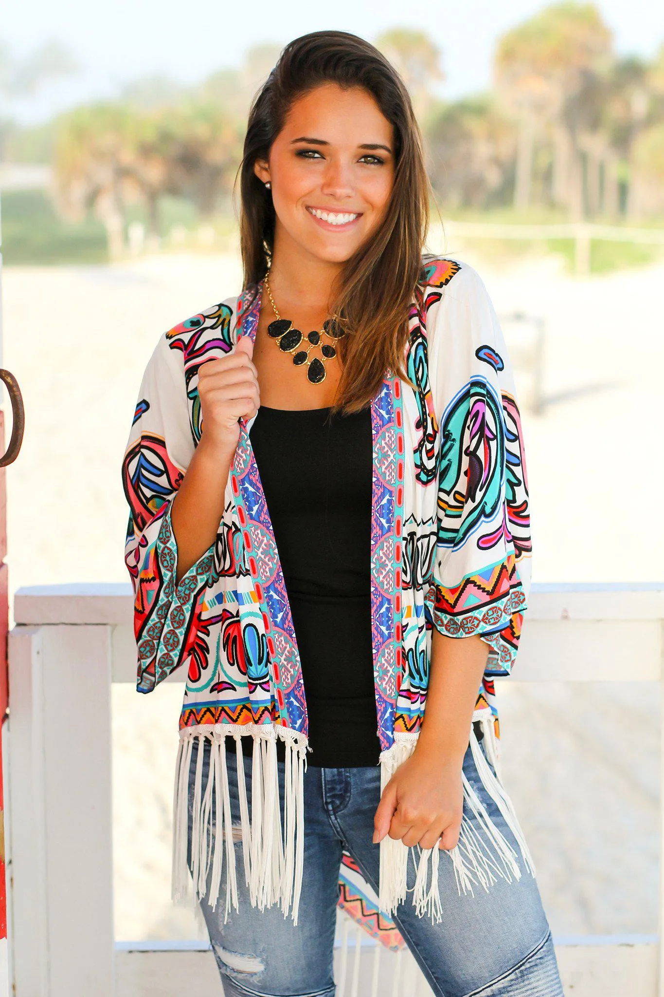 Multi-color Kimono with Fringe