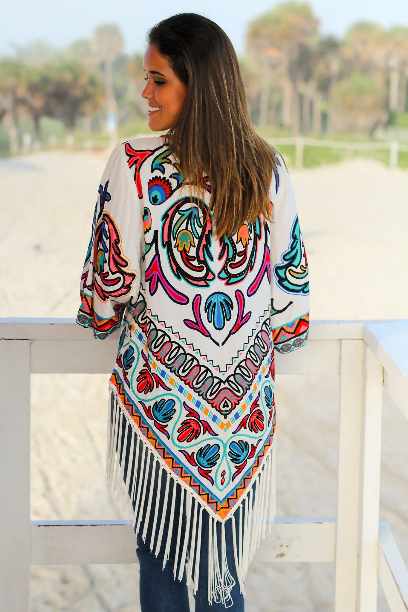 Multi-color Kimono with Fringe