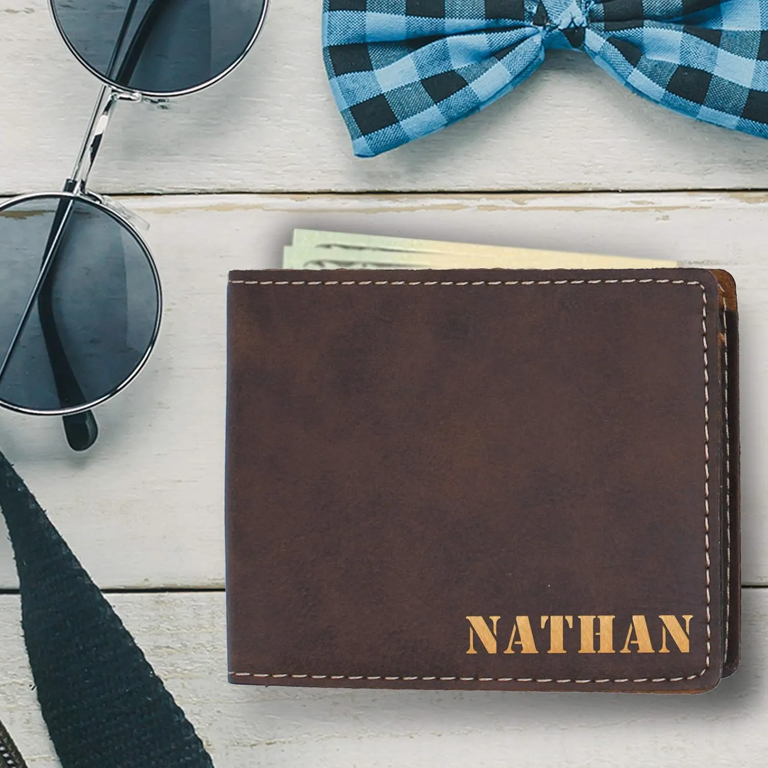 My Personal Memories Custom Personalized Bifold Wallet - Engraved With Your Text (Rawhide with Gold)