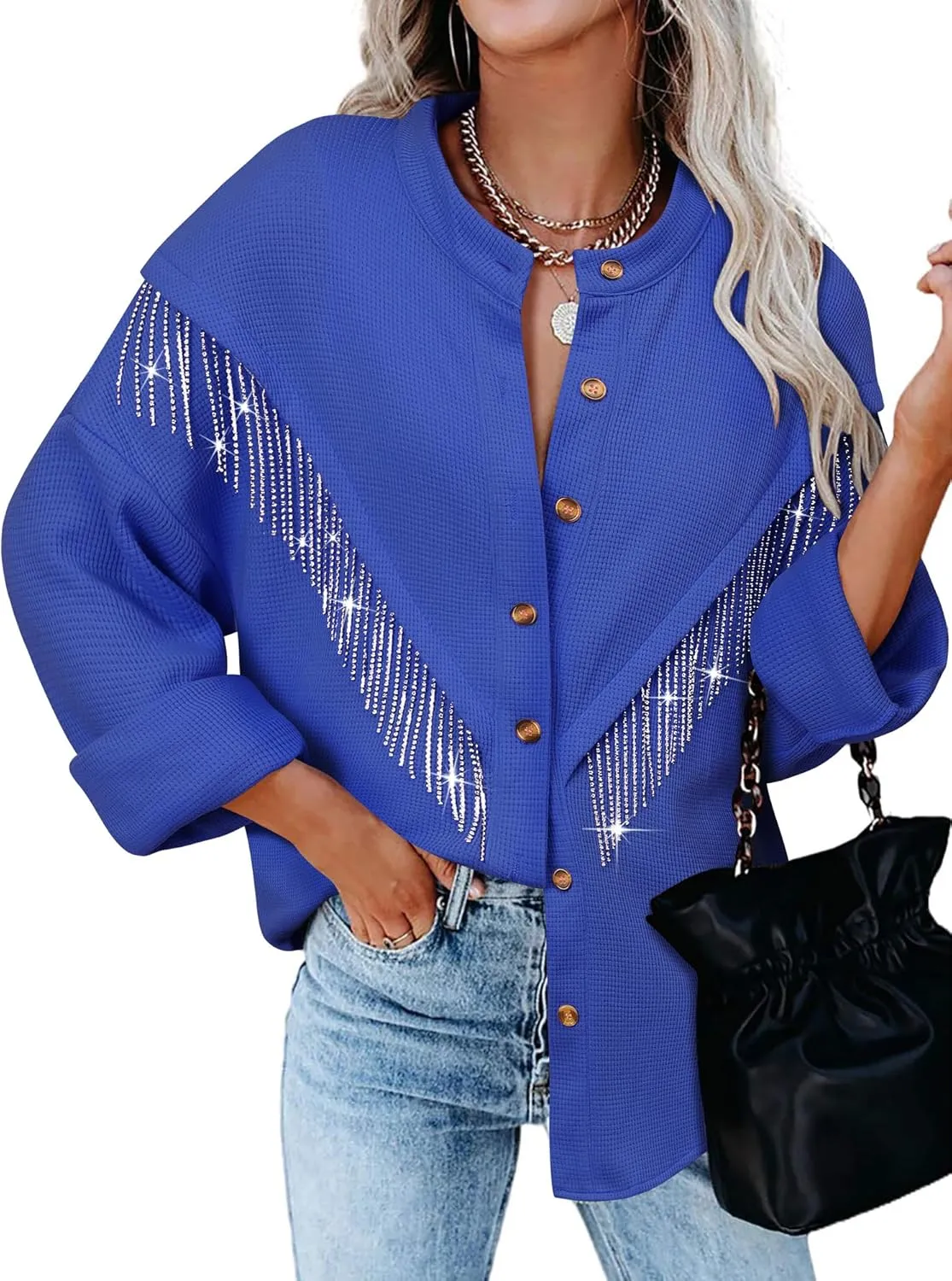 MYMORE Women's Sparkly Rhinestone Fringe Shacket Jacket Waffle Glitter Tassel Shirt Western Cowgirl Country Concert Outfits