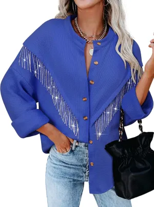 MYMORE Women's Sparkly Rhinestone Fringe Shacket Jacket Waffle Glitter Tassel Shirt Western Cowgirl Country Concert Outfits