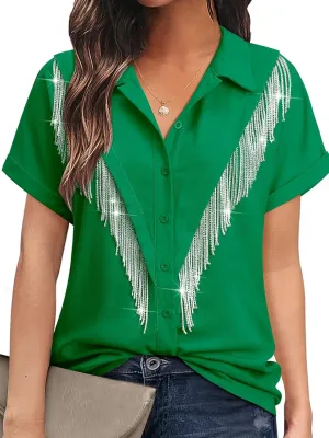 MYMORE Women's Western Cowgirl Rhinestone Fringe Button Down Shirt Rolled Cuffed Short Sleeve Shirt Country Concert Outfit