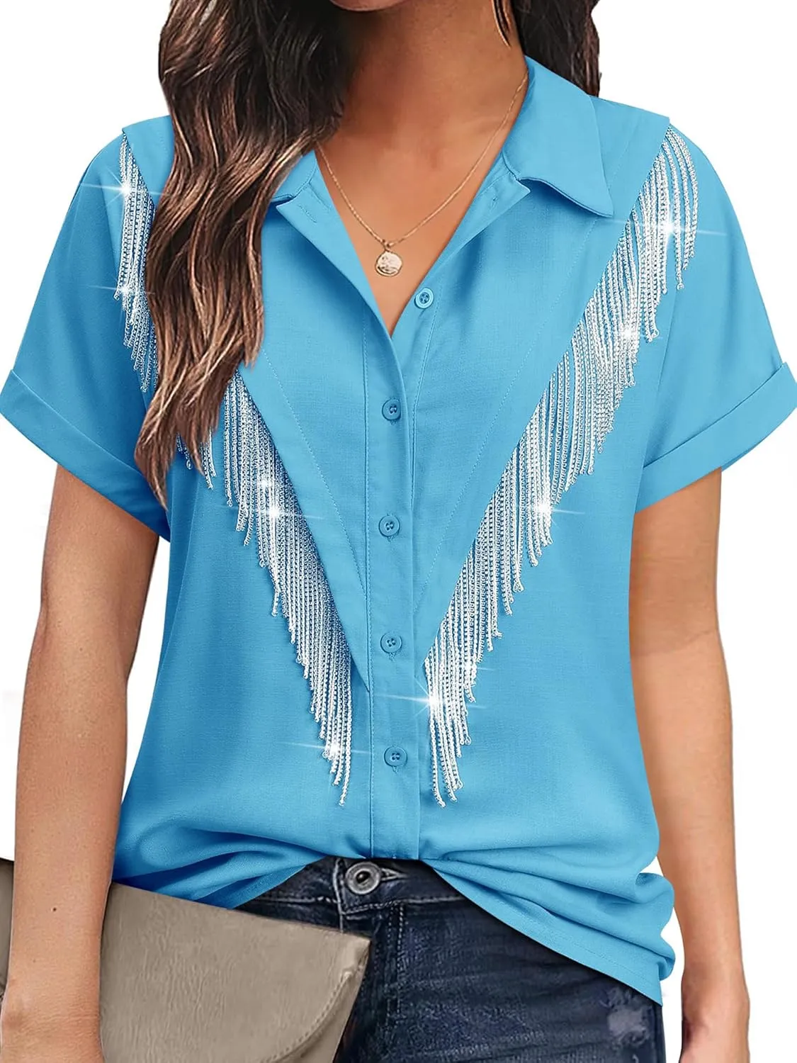 MYMORE Women's Western Cowgirl Rhinestone Fringe Button Down Shirt Rolled Cuffed Short Sleeve Shirt Country Concert Outfit
