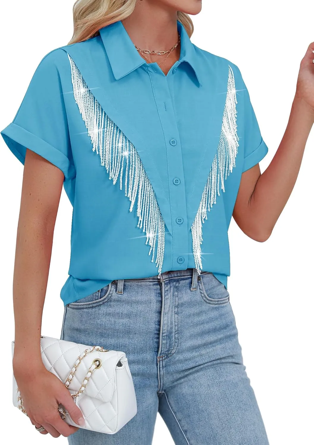MYMORE Women's Western Cowgirl Rhinestone Fringe Button Down Shirt Rolled Cuffed Short Sleeve Shirt Country Concert Outfit