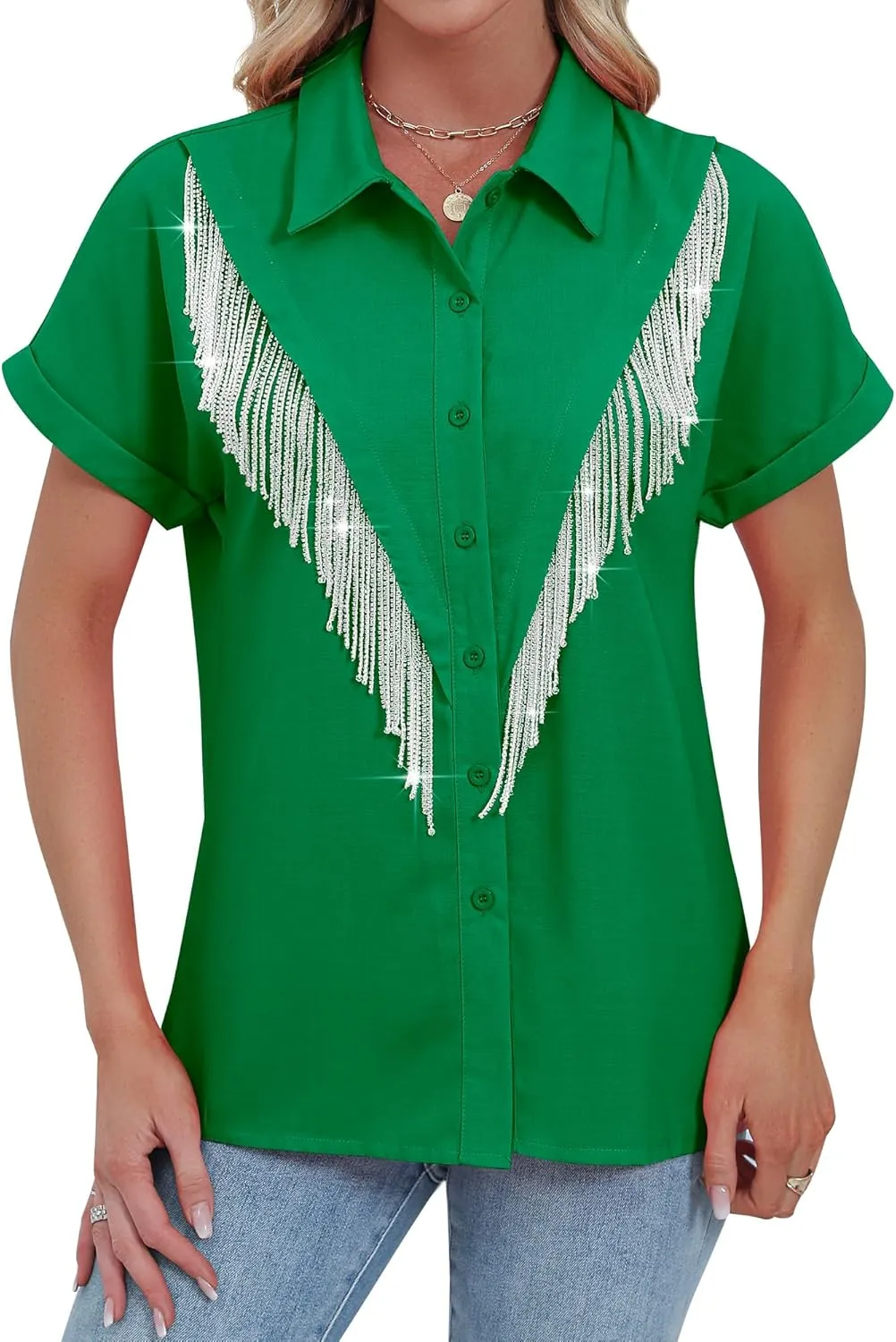 MYMORE Women's Western Cowgirl Rhinestone Fringe Button Down Shirt Rolled Cuffed Short Sleeve Shirt Country Concert Outfit