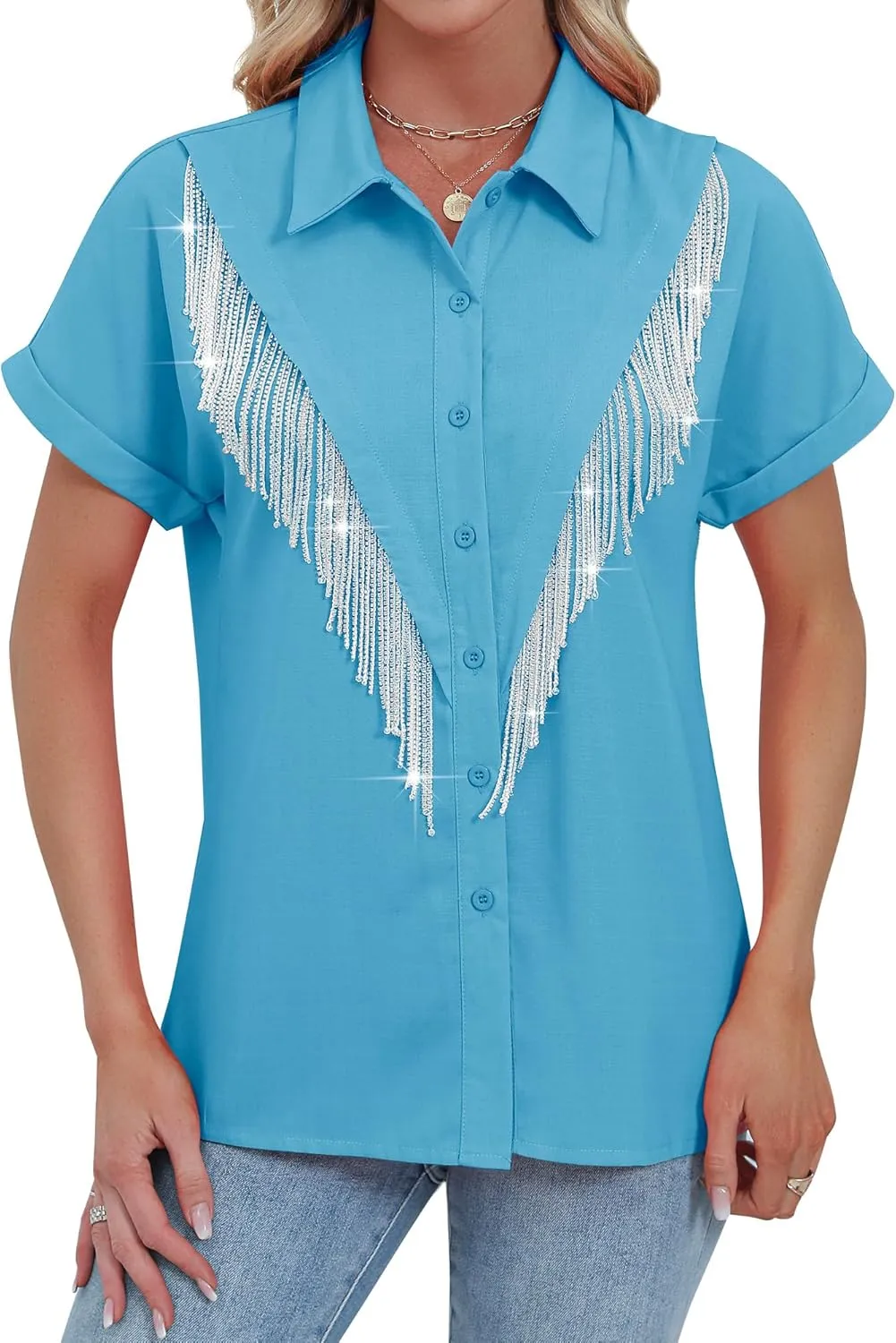 MYMORE Women's Western Cowgirl Rhinestone Fringe Button Down Shirt Rolled Cuffed Short Sleeve Shirt Country Concert Outfit