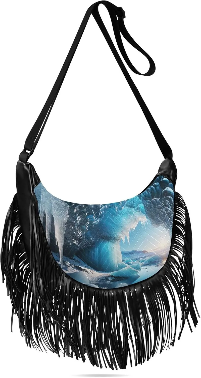 Mythical Goddess and Leopard Fringe Purse Cross Body Tassel Crossbody Purse Boho Shoulder Bag Hippie Bags for Women