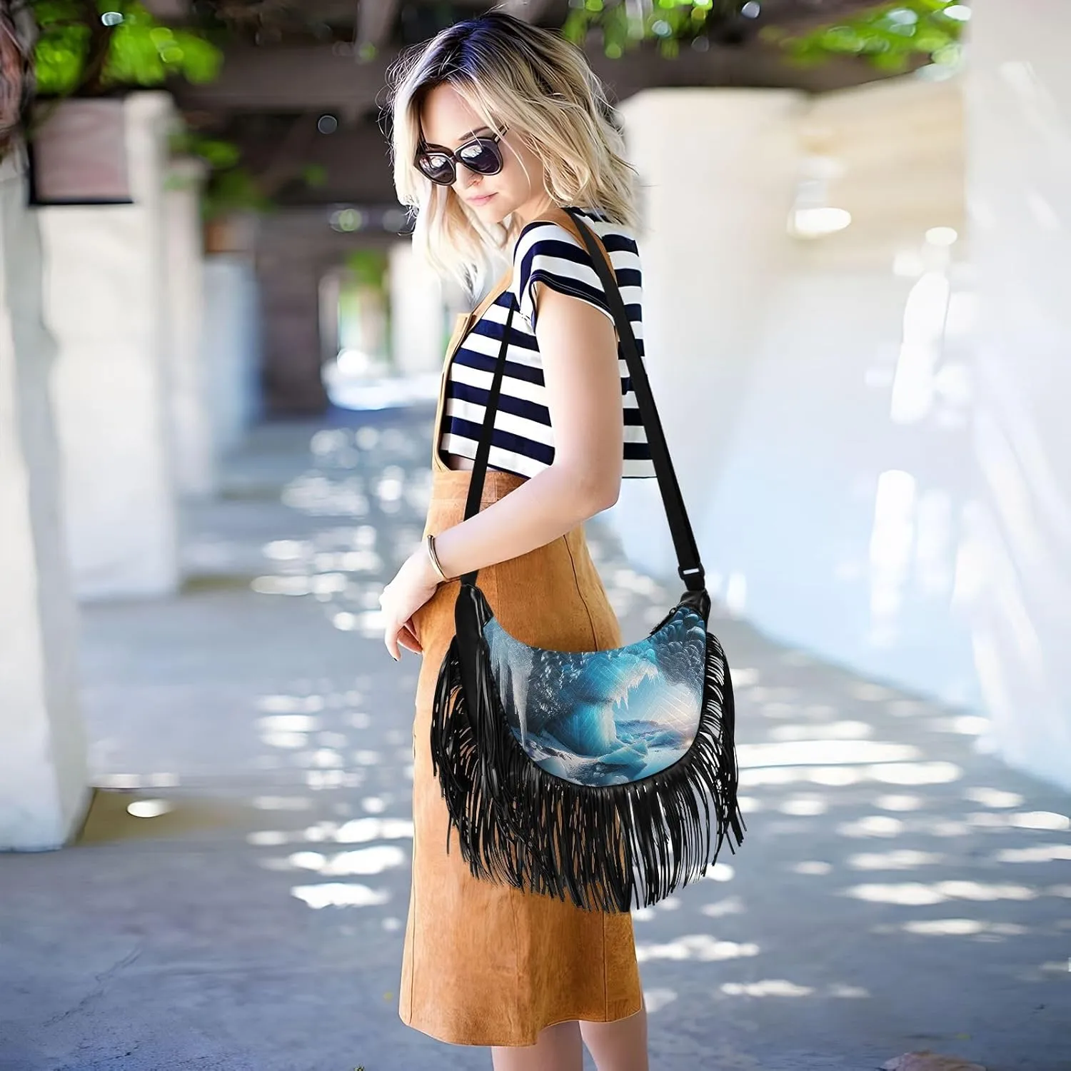 Mythical Goddess and Leopard Fringe Purse Cross Body Tassel Crossbody Purse Boho Shoulder Bag Hippie Bags for Women