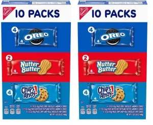 Nabisco Cookie Variety Pack, OREO, Nutter Butter, CHIPS AHOY!, 10 Snack Packs (4 Cookies Per Pack) (Pack of 2)