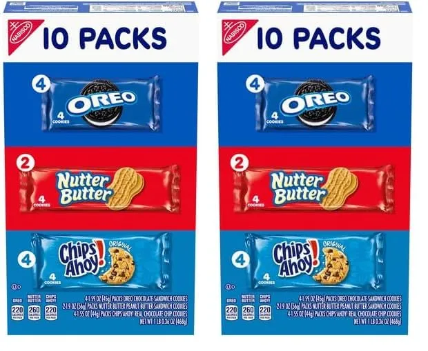 Nabisco Cookie Variety Pack, OREO, Nutter Butter, CHIPS AHOY!, 10 Snack Packs (4 Cookies Per Pack) (Pack of 2)
