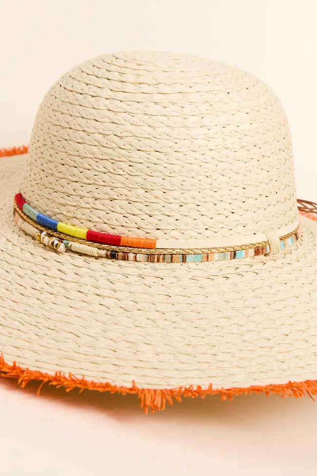 Natural Orange Fringe Trim Straw Hat