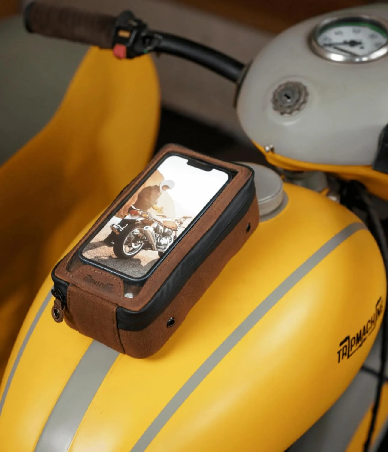 Navigator Tank Bag: Universal Magnetic Motorcycle Mobile Holder Waterproof Phone Pouch with Anti-Slip Design & Fanny Strap by Trip Machine Company (Brown & Tobacco)